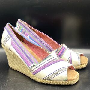 Toms Womens Village Blue Pink Stripe Wedge Heel Size 9W Peep Toe Espadrilles ￼